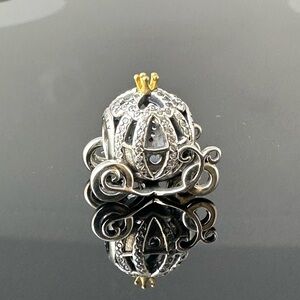 Pandora Silver Carriage Charm with Gold Crown Accent